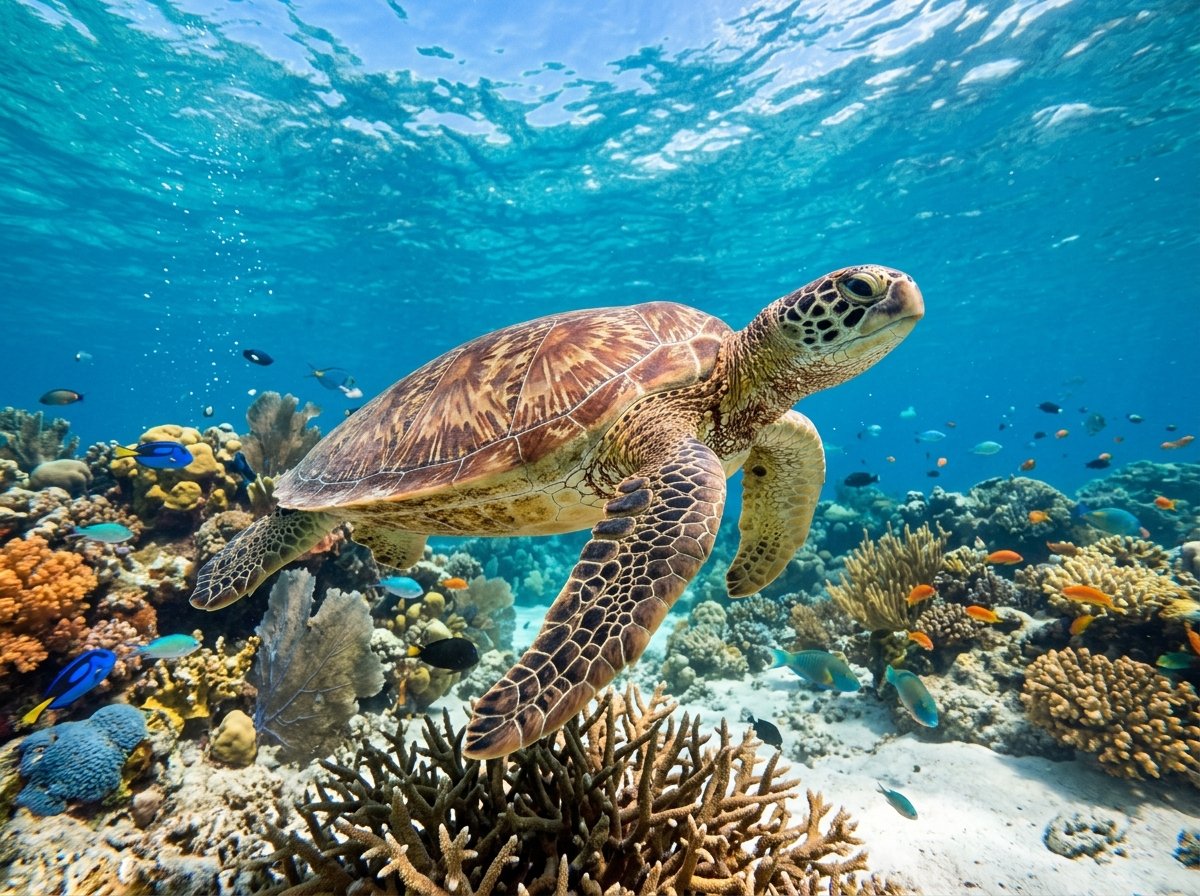 Green sea turtle swimming in tropical ocean waters.