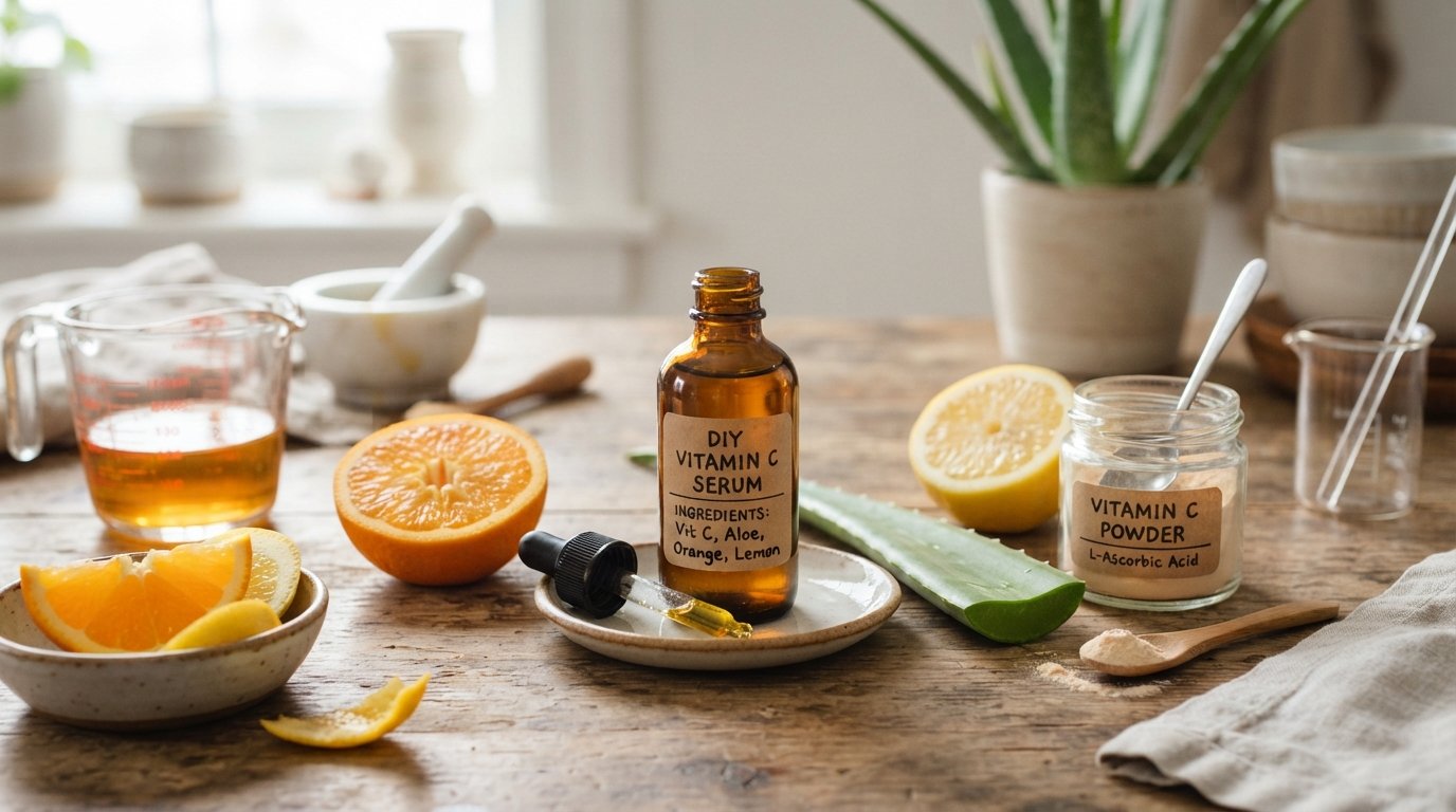 Homemade DIY Vitamin C serum in an amber glass dropper bottle with fresh oranges, lemons, aloe vera, and vitamin C powder on a wooden table.