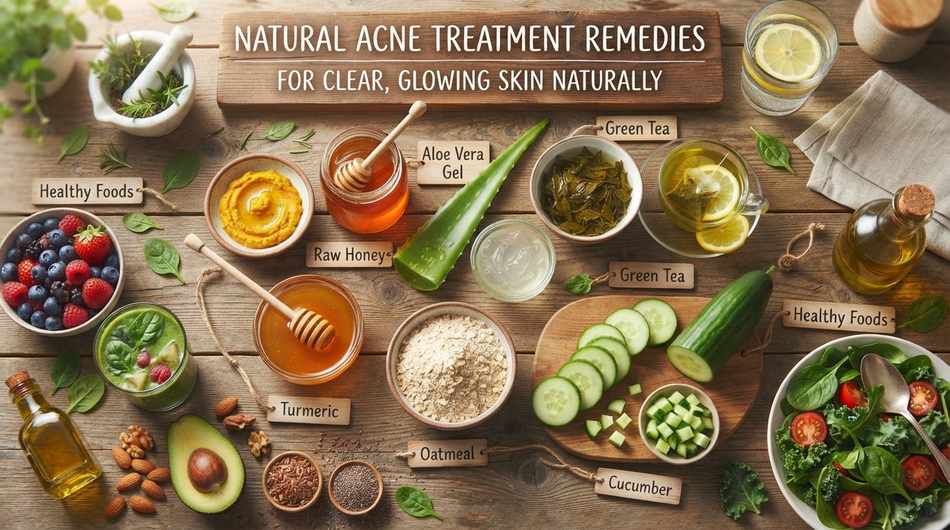 Natural acne treatment remedies with aloe vera, honey, green tea, turmeric, oatmeal, cucumber, and healthy foods for clear glowing skin naturally.